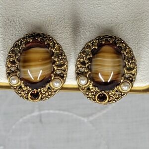 Vintage Clip On Earrings West German Porphyry Glass Pearl Rhinestone Gold Tone